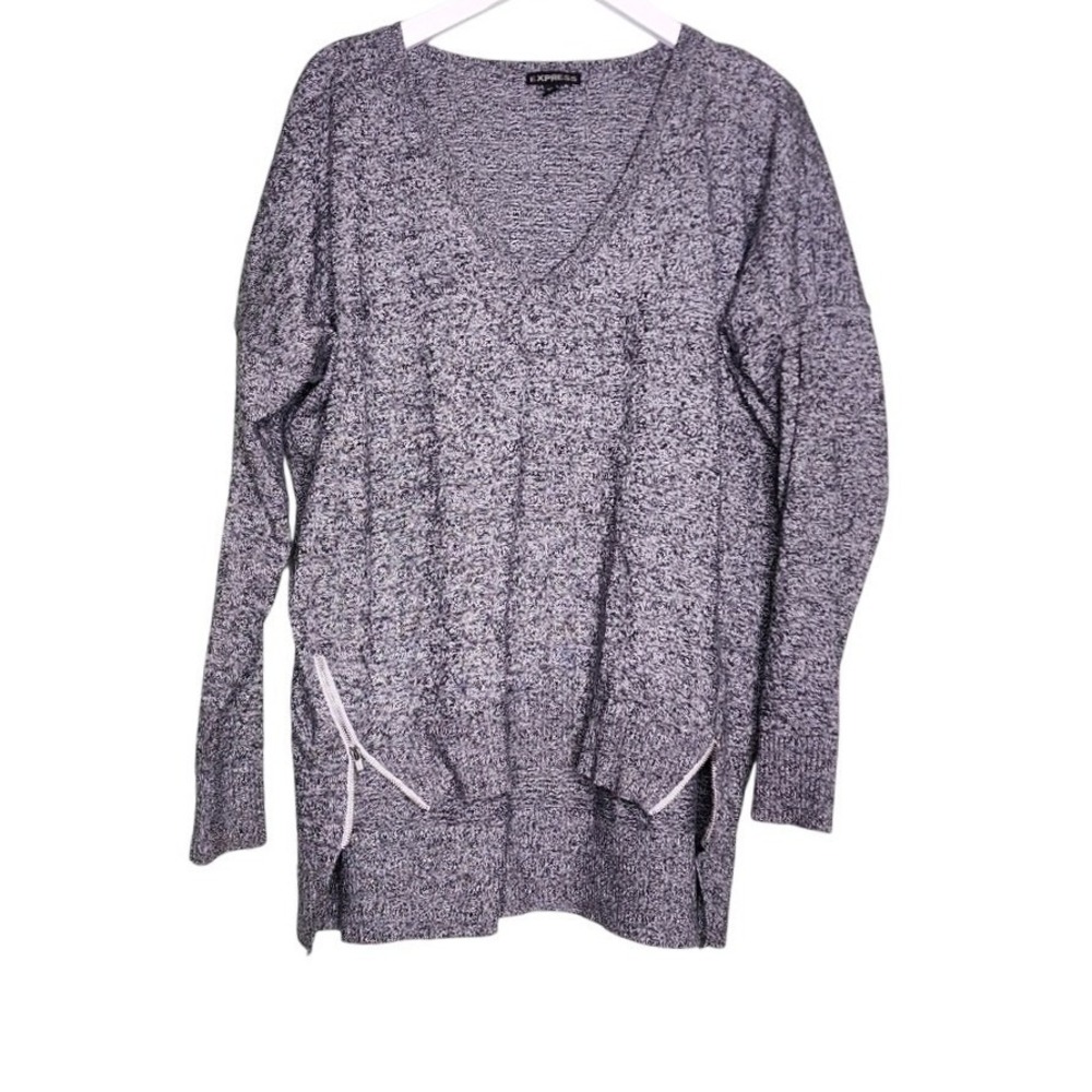 Express Black White Sweater Marbled High Low V-Neck Side Zipper Dolman S